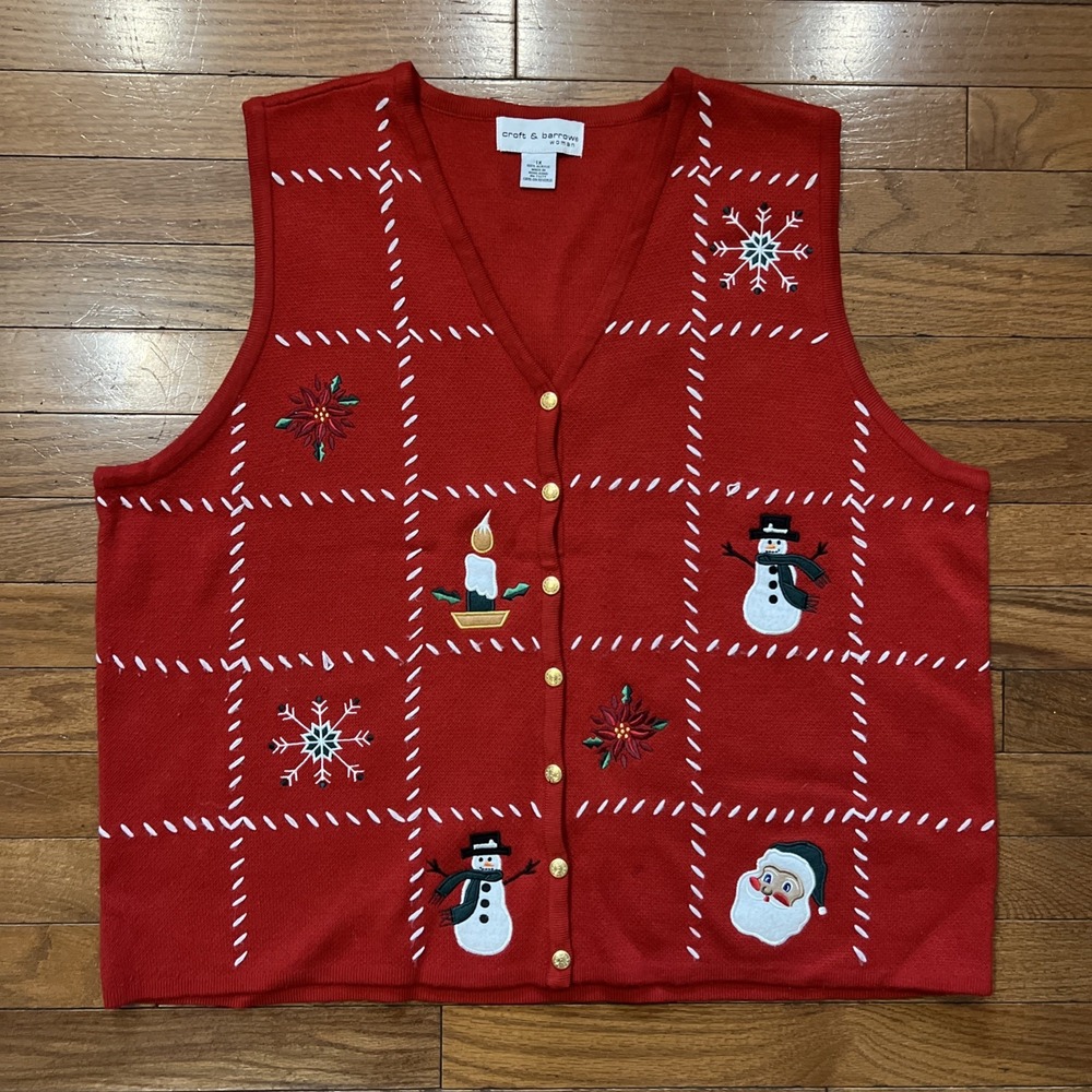 Vintage Craft & Barrow Christmas Sweater Vest 1X Red Embroidered Holiday